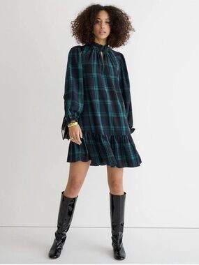 Ruffle puff-sleeve dress in Black Watch tartan